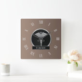 Silver Professional Medical Caduceus Vierkante Klok (Huis)