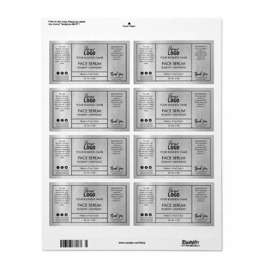 Silver Professional Modern Face Serum Etiket (Full Sheet)