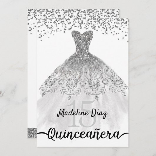 Silver Quinceanera Birthday Invitation Cumpleanos Kaart (Voorkant / Achterkant)