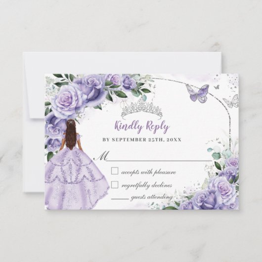 Silver Quinceanera Purple Lavender Floral Princess RSVP Kaartje (Voorkant)