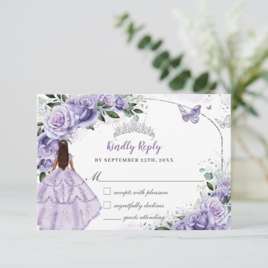 Silver Quinceanera Purple Lavender Floral Princess RSVP Kaartje (Staand voorkant)