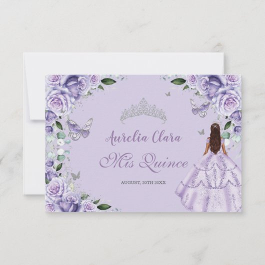 Silver Quinceanera Purple Lavender Floral Princess RSVP Kaartje (Achterkant)