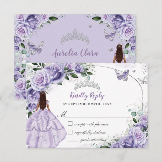 Silver Quinceanera Purple Lavender Floral Princess RSVP Kaartje (Voorkant / Achterkant)