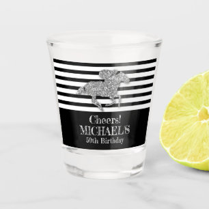 Silver Race Horse Black White Stripes Birthday Shot Glas