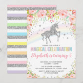 Silver Rainbow Unicorn Birthday Party Kaart (Voorkant / Achterkant)