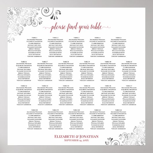 Silver & Red 22 Tafel White Wedding Seating Chart Poster (Voorkant)
