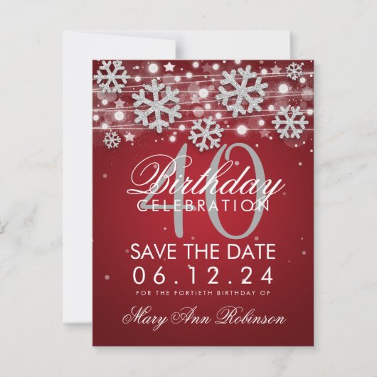 Silver Red 40th Birthday Save Date Winter Kaart (Voorkant)