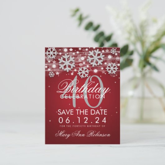 Silver Red 40th Birthday Save Date Winter Kaart (Staand voorkant)