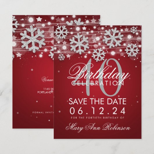 Silver Red 40th Birthday Save Date Winter Kaart (Voorkant / Achterkant)