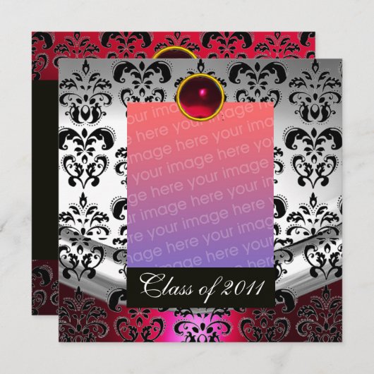 SILVER RED, BLACK DAMASK AFSTUDEREN MONOGRAM AANKONDIGING (Voorkant / Achterkant)