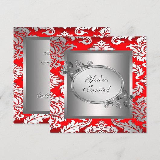 Silver Red Black Damask Party Uitnodiging (Voorkant / Achterkant)