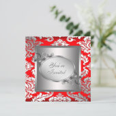 Silver Red Black Damask Party Uitnodiging (Staand voorkant)