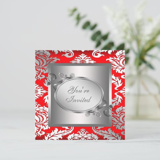 Silver Red Black Damask Party Uitnodiging (Staand voorkant)