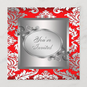 Silver Red Black Damask Party - Uitnodiging