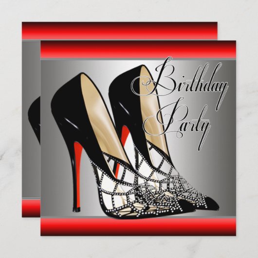 Silver Red Black High Heels Verjaardagsfeestje Kaart (Voorkant / Achterkant)
