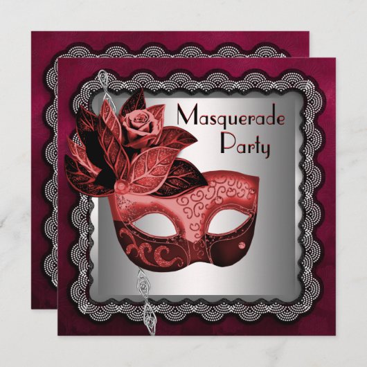 Silver Red Black Mask Masquerade Party Kaart (Voorkant / Achterkant)