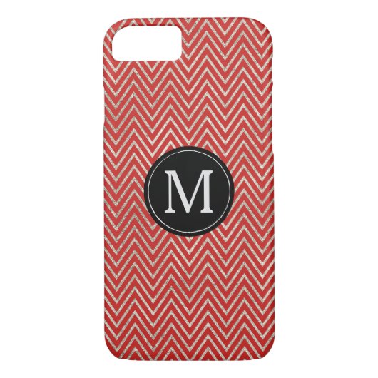 Silver Red Chevron Stripes Monogram Case-Mate iPhone Case (Achterkant)