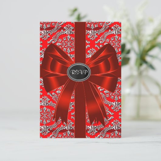 Silver Red Damask Corporate Christmas Party RSVP (Staand voorkant)