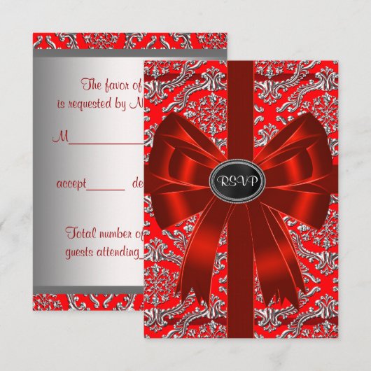 Silver Red Damask Corporate Christmas Party RSVP (Voorkant / Achterkant)