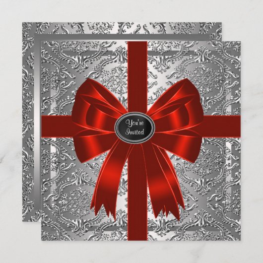Silver Red Damask Corporate Kerstfeest Kaart (Voorkant / Achterkant)