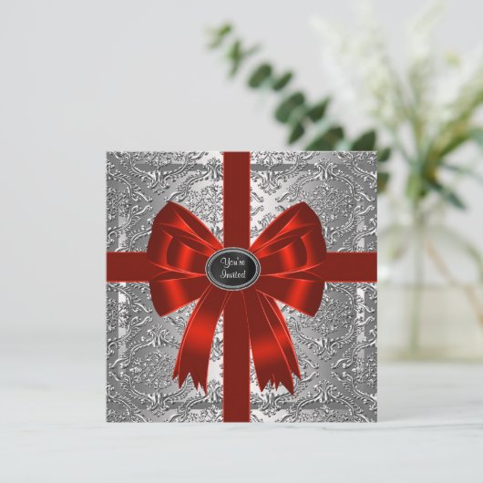 Silver Red Damask Corporate Kerstfeest Kaart (Staand voorkant)