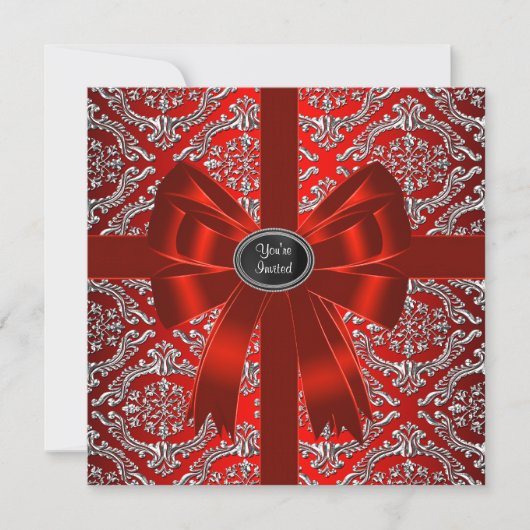 Silver Red Damask Corporate Kerstfeest Kaart (Voorkant)