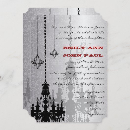 Silver Red en Black Chandeliers Damask Wedding Kaart (Voorkant / Achterkant)