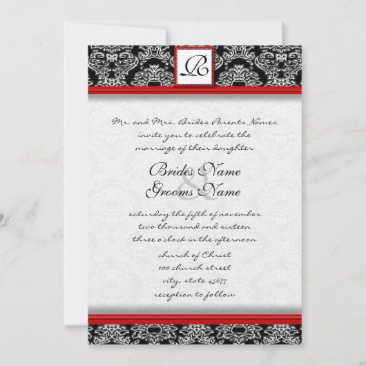Silver Red en Black Damask Wedding Invitation Kaart (Achterkant)