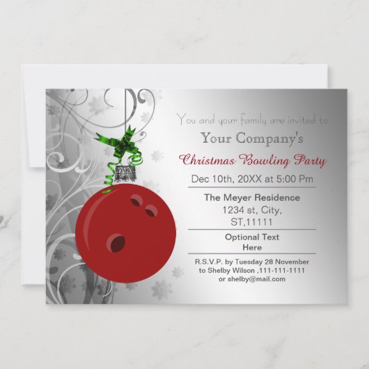 Silver Red Festive Corporate Bowling party Invite Kaart (Voorkant)