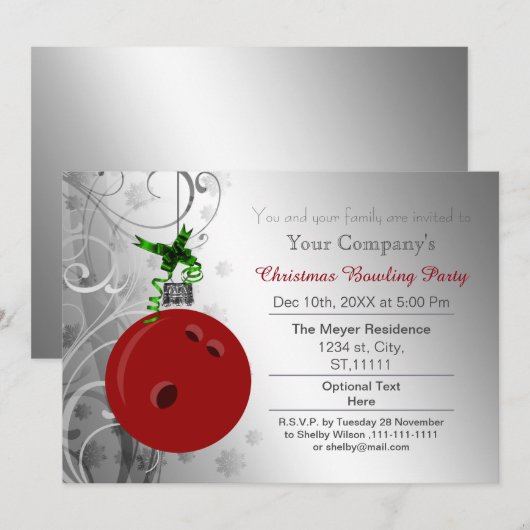 Silver Red Festive Corporate Bowling party Invite Kaart (Voorkant / Achterkant)