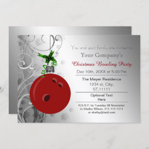 Silver Red Festive Corporate Bowling party Invite Kaart