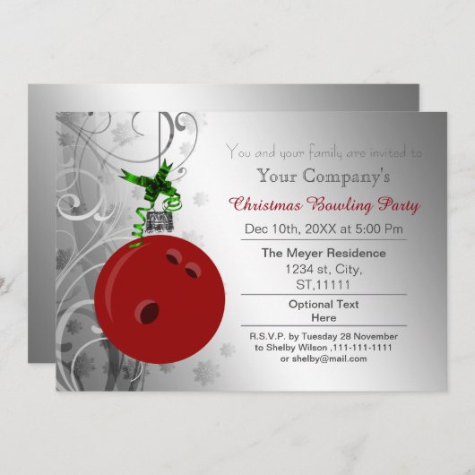 Silver Red Festive Corporate Bowling party Invite Kaart (Voorkant / Achterkant)