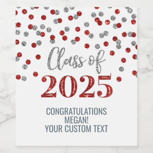 Silver Red Glitter Klasse van 2025 Afstuderen Wijn Etiket (Enkel label)