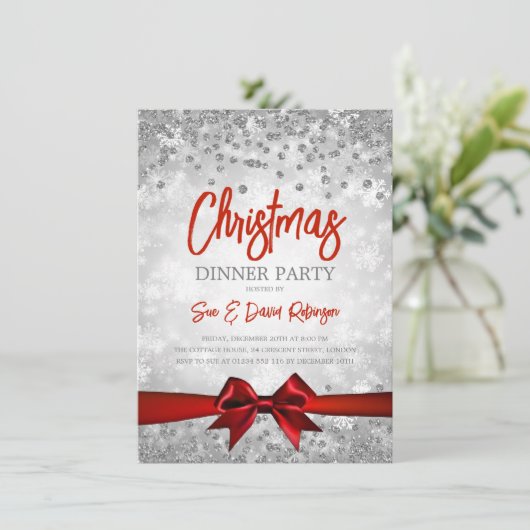 Silver Red Glitter Ribbon Kerstfeestdag Kaart (Staand voorkant)