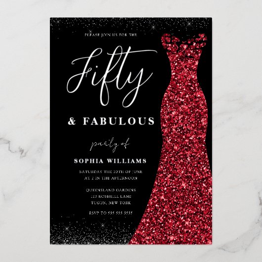 Silver Red Gown 50 Fabulous 50th Birthday Real Folie Uitnodiging (Voorkant)