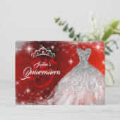 Silver Red Lace Diamond Gown Tiara Quinceanera Kaart (Staand voorkant)