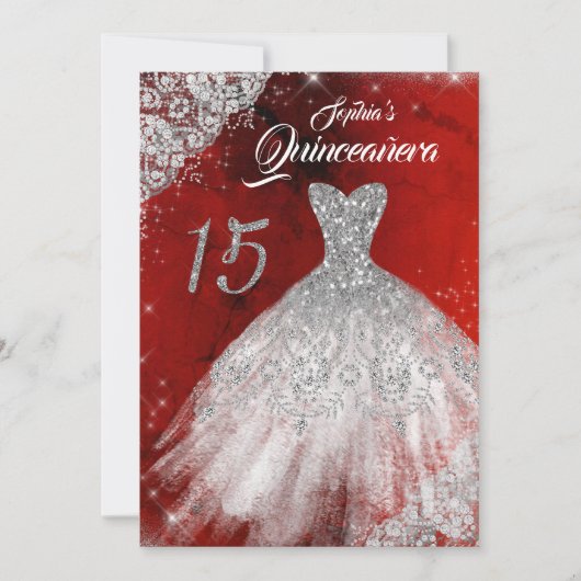 Silver Red Lace Diamond Sparkle Gown Quinceanera Kaart (Voorkant)