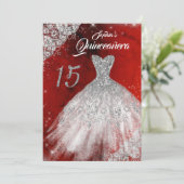 Silver Red Lace Diamond Sparkle Gown Quinceanera Kaart (Staand voorkant)