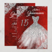 Silver Red Lace Diamond Sparkle Gown Quinceanera Kaart (Voorkant / Achterkant)