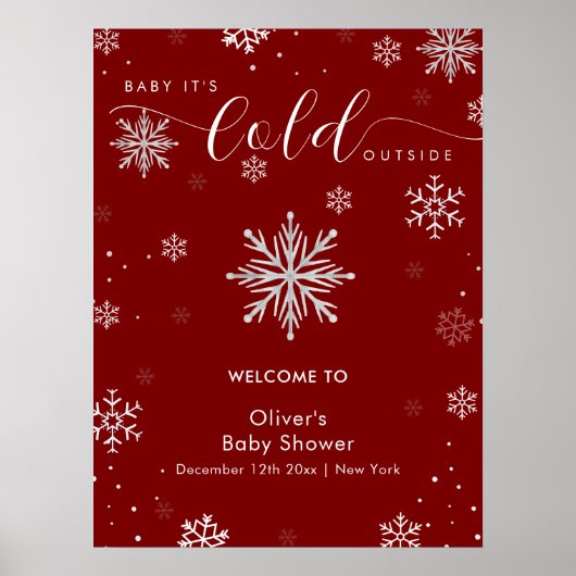Silver Red Magical Snowflake Baby Shower Welcome  Poster (Voorkant)