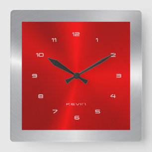 Silver & Red & Metallic Stainless Steel Square Vierkante Klok