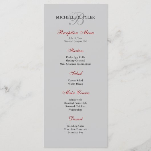 Silver & Red Monogram Receptie Menu (Voorkant)