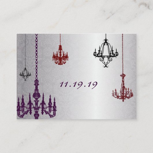 Silver Red Paars Black Chandeliers Damask Wedding Informatiekaartje (Achterkant)