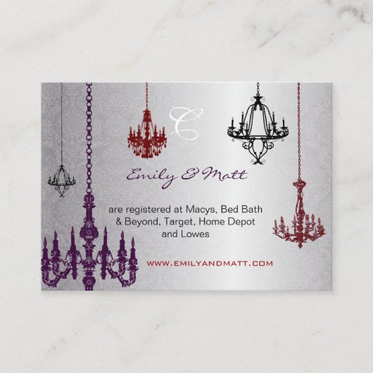 Silver Red Paars Black Chandeliers Damask Wedding Informatiekaartje (Voorkant)
