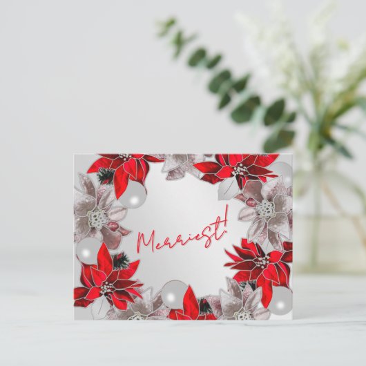 Silver & Red Poinsettia Holiday Post Kaart (Staand voorkant)