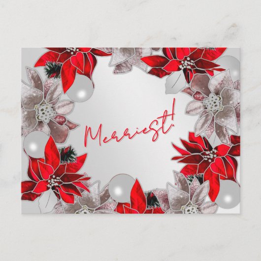 Silver & Red Poinsettia Holiday Post Kaart (Voorkant)