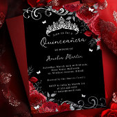 Silver Red Rose Bloemen Swirl Quinceanera Folie Uitnodiging