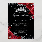 Silver Red Rose Bloemen Swirl Quinceanera Folie Uitnodiging (Voorkant)