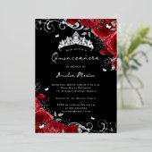 Silver Red Rose Bloemen Swirl Quinceanera Folie Uitnodiging (Staand Voorkant)