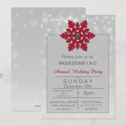 Silver Red Snewflakes Holiday Party Uitnodiging (Voorkant / Achterkant)